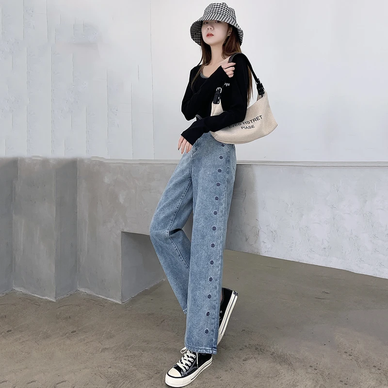 

New Jeans Women College Style Jeans Cherry Blossom Pattern Embroidery Jeans Loose High Waist Wide Leg Pants Vintage Washed Jeans