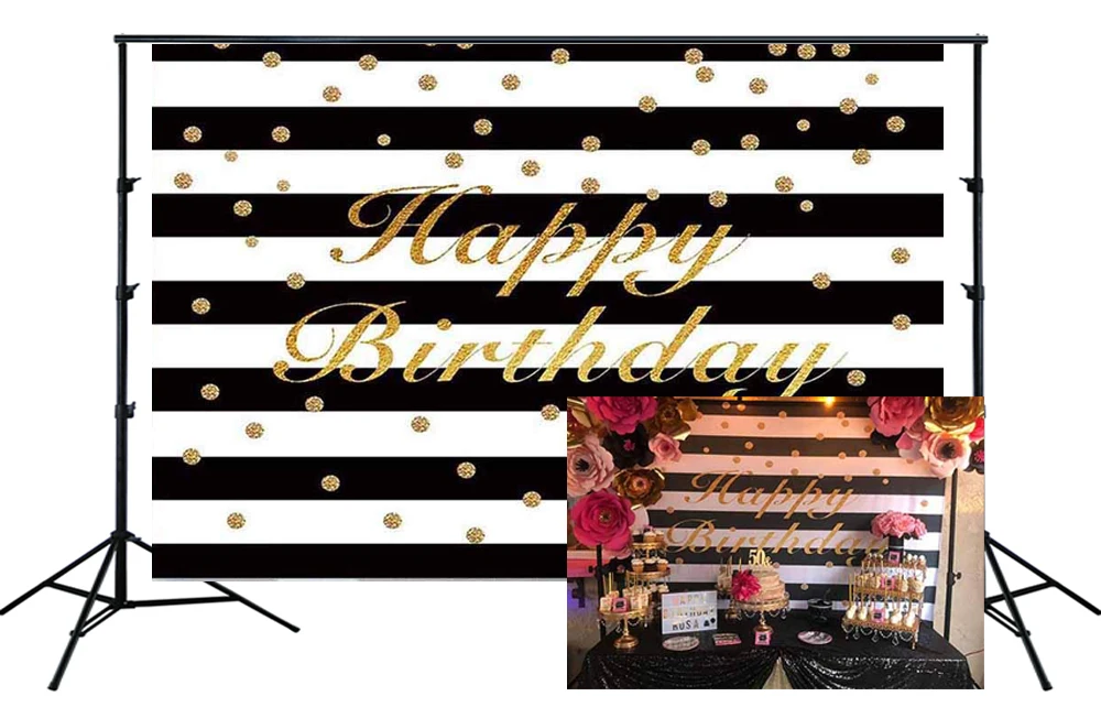 

Backdrop For Adults Teens Birthday Party Decoration White Black Stripes Elegant Golden Glittering Letters Birthday Background