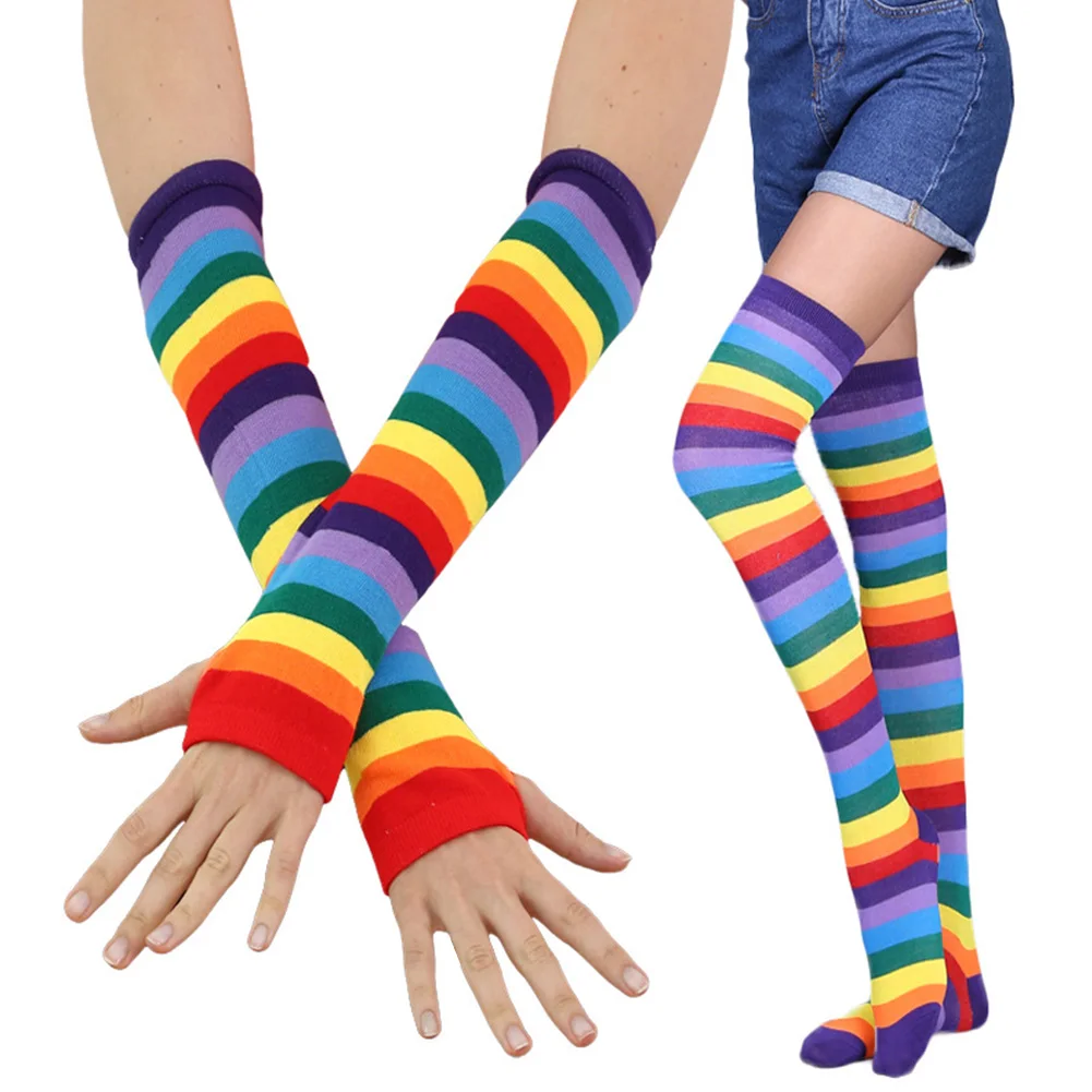 

Cotton Blend Rainbow Anti Slip Elastic Slim Striped Soft Fashion Party Casual Long Gloves Women Stockings Set Over Knee Cosplay