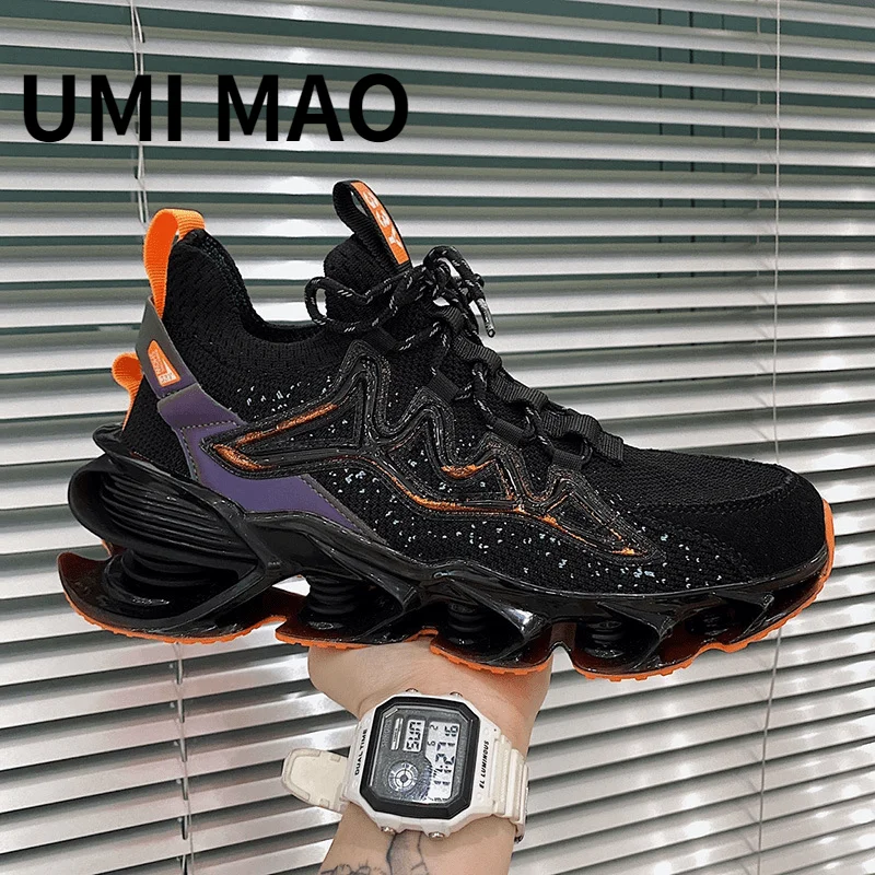 

Летние мужские спортивные черные туфли UMI MAO Новинка дышащая сетчатая модная обувь Молодежные лазерные Светоотражающие кроссовки для бега ...