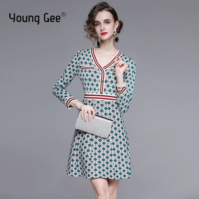 

Young Gee Women French Knitted Trunic Dress Autumn Winter V-neck Elastic A-line Fashion Vintage Lattice Dresses vestifos feminos