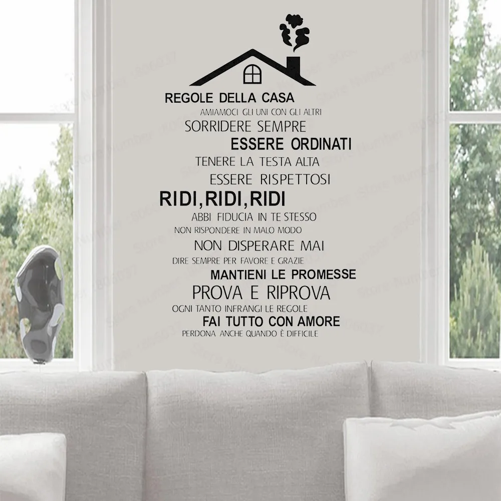 Calcomanía de vinilo con diseño de las reglas de la Casa, pegatinas de pared de la Casa con el idioma italiano, Póster Artístico para decoración del hogar, WL572
