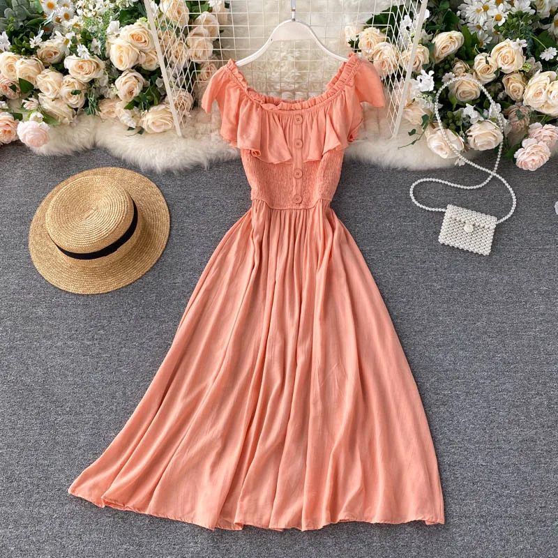 

2021 Summer Women Dress Polyester Slash Neck Sleeveless Ruffels folds Middle Dress Ladies Casual Knee-length A-line Dresses