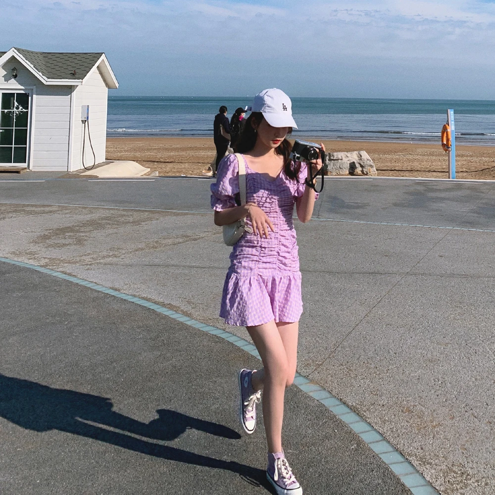 

Customized Purple Plaid Square Collar Dress 2021 Summer French Temperament Bubble Sleeve Skirt