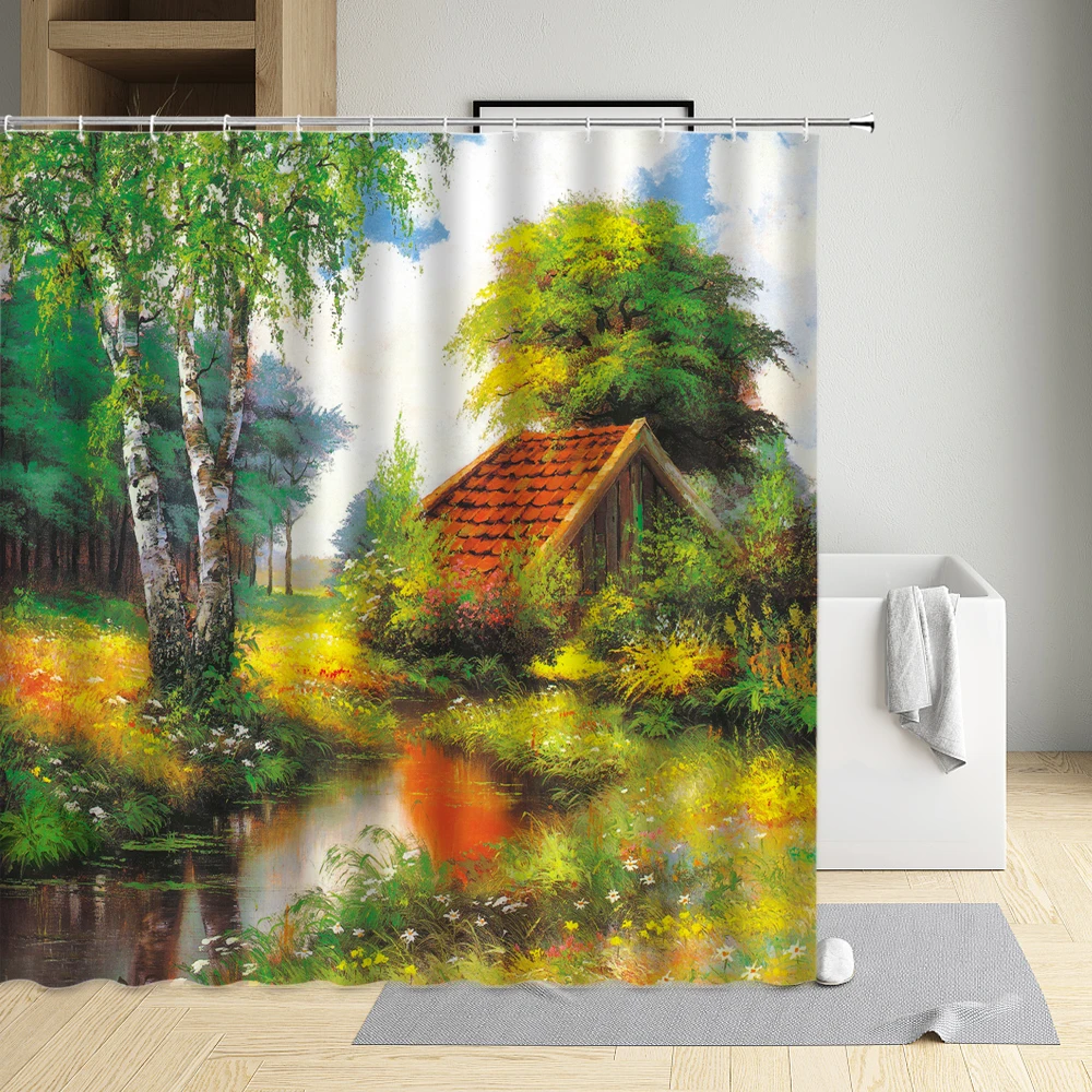 

Oil Painting Landscape Shower Curtain Hazy Dream Forest Country HouseTrees Flowers River Mountain Bathroom Decorative with hooks