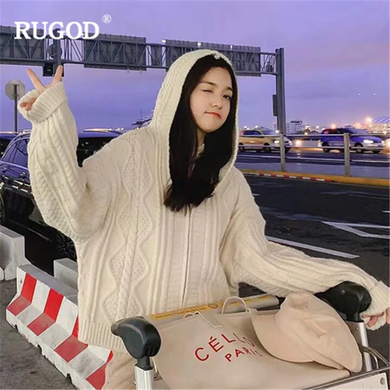 RUGOD 2019 New Women Solid Hooded Sweaters Zipper Fly Loose Cardigans Stylish Pattern Chic Sweat Autumn Winter Female Coat |