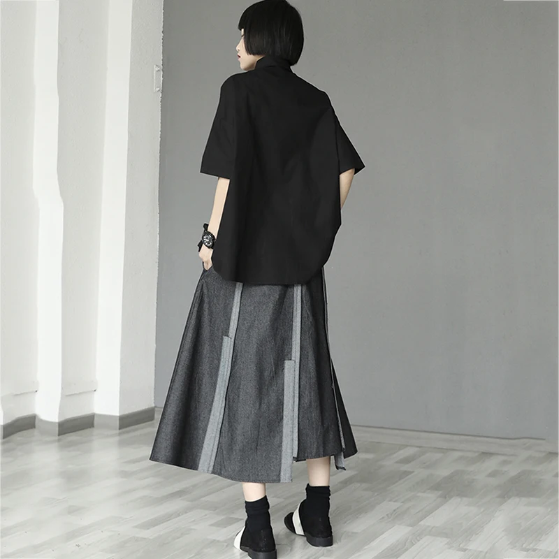 

[EAM] High Elastic Waist Black Spliced Denim Casual Irregular Half-body Skirt Women Fashion Tide New Spring Autumn 2021 1DD7628