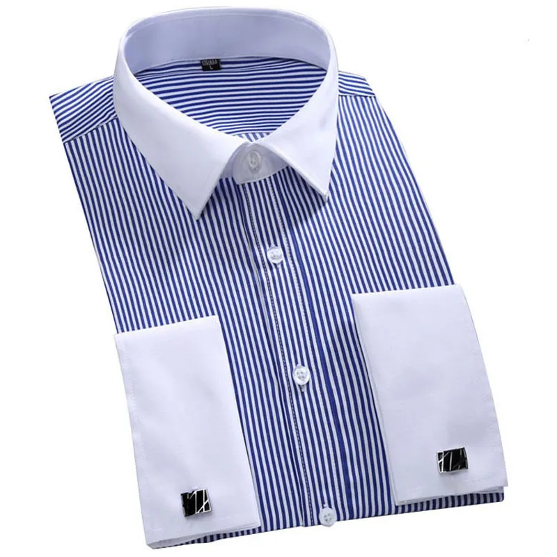 M~6XL Men's Classic Striped French Cuff Dress Shirt Single Placket Formal Business Standard-fit Long Sleeve Office Work Shirts