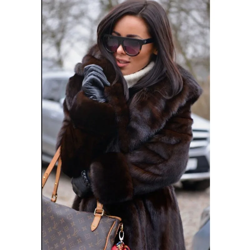 Winter Fashion 120cm Long Real Mink Fur Coats With Hood Thick Warm Whole Skin Genuine Mink Fur Jackets With Belt Slim Overcoats