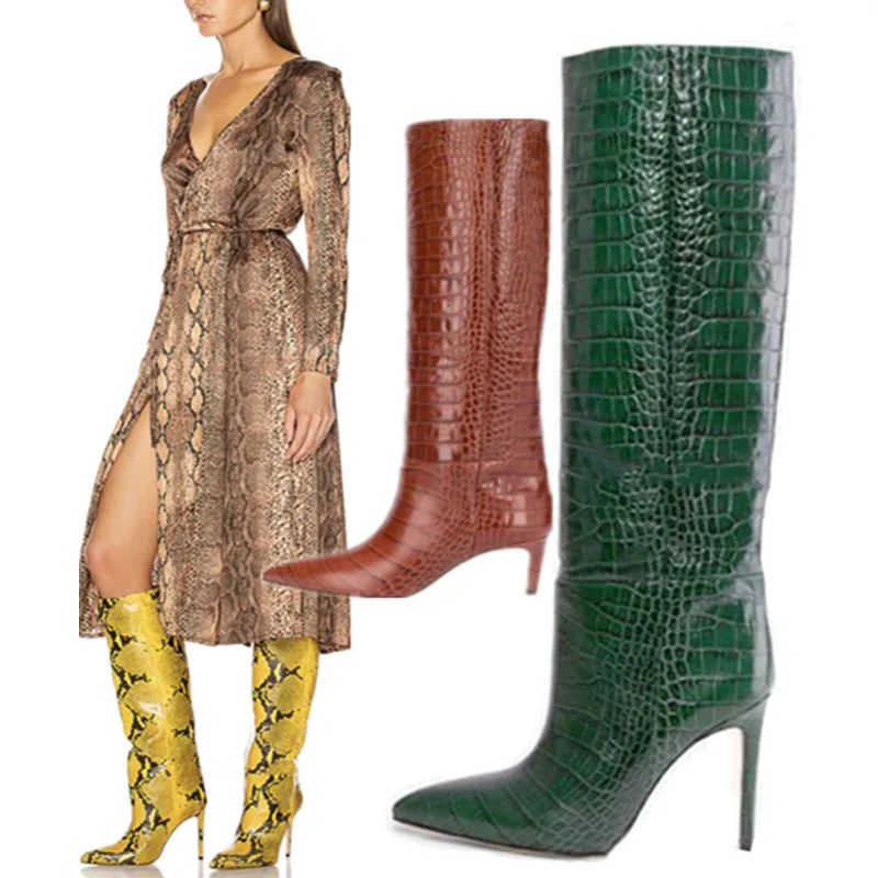 

Women Fashion Knee High Boots Pointed Toe Stiletto Python Boots Snake Grain Long Boots High Heel Slip-On Runway Knight Shoe 2020