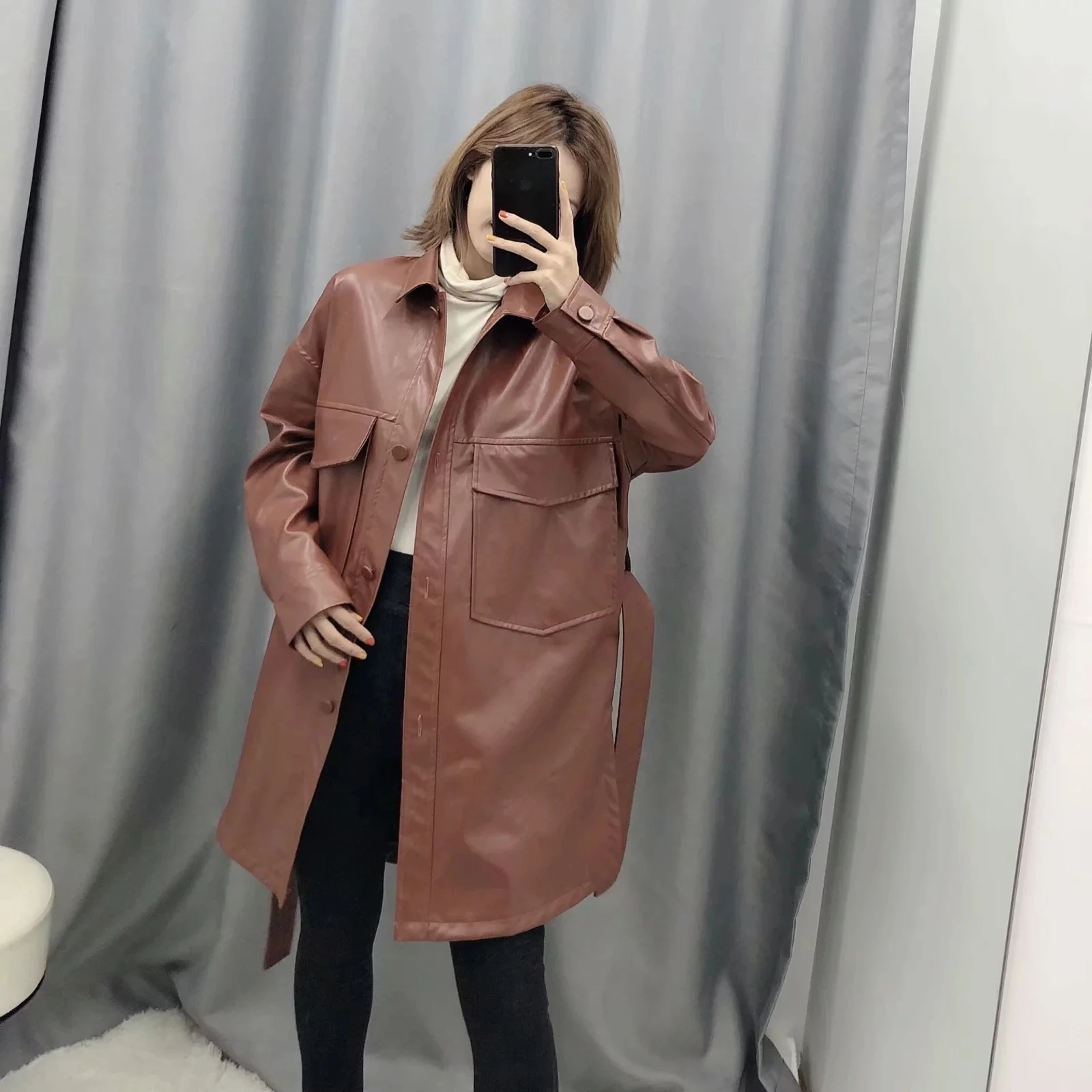 

Winter long coat Vintage Belt Faux Leather Jacket women Long Sleeve PU jacket 2020 winter Faux outwear