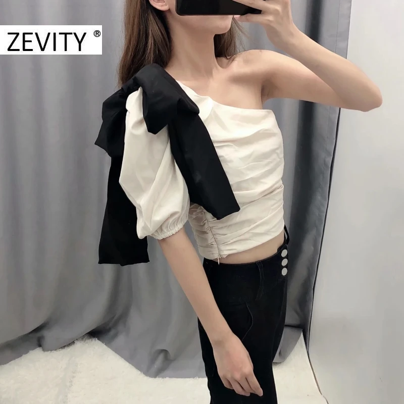 ZEVITY women sexy single shoulder black bow asymmetric smock blouse shirt pleats elastic chic blusas femininas tops LS7128 | Женская
