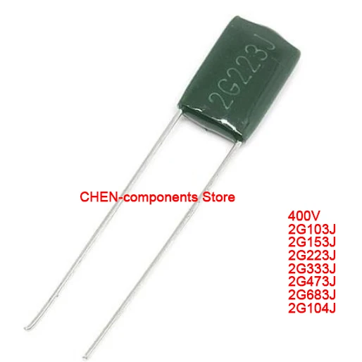 

Пленочный конденсатор из полиэстера, 50 шт., 400 В, 2G103J, 2G153J, 2G223J, 2G333J, 2G683J, 2G104J, 10NF, 0,1 мкФ, 22NF, 33NF, 47NF, 68NF, 100NF