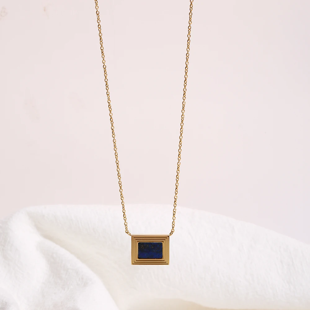 

Vintage PVD Gold Plated 316L Stainless Steel Rectangle Blue Lapis Square Pendant Necklace for Women Girls Fashion Jewelry Gift
