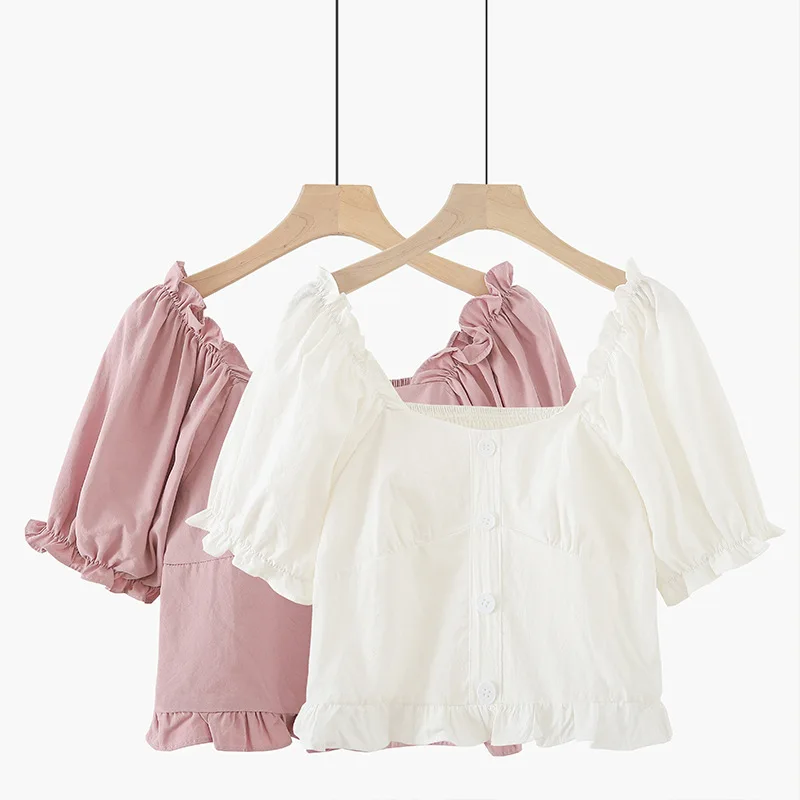 

2021 summer new French style niche design sense square neck puff sleeve shirt back waist short-sleeved shirt women
