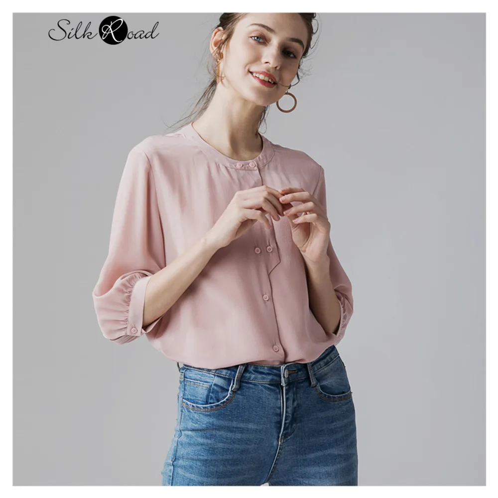 Silviye Simple basic silk shirt mulberry silk solid color long sleeve commuting bottoming and wearing a versatile shirt women