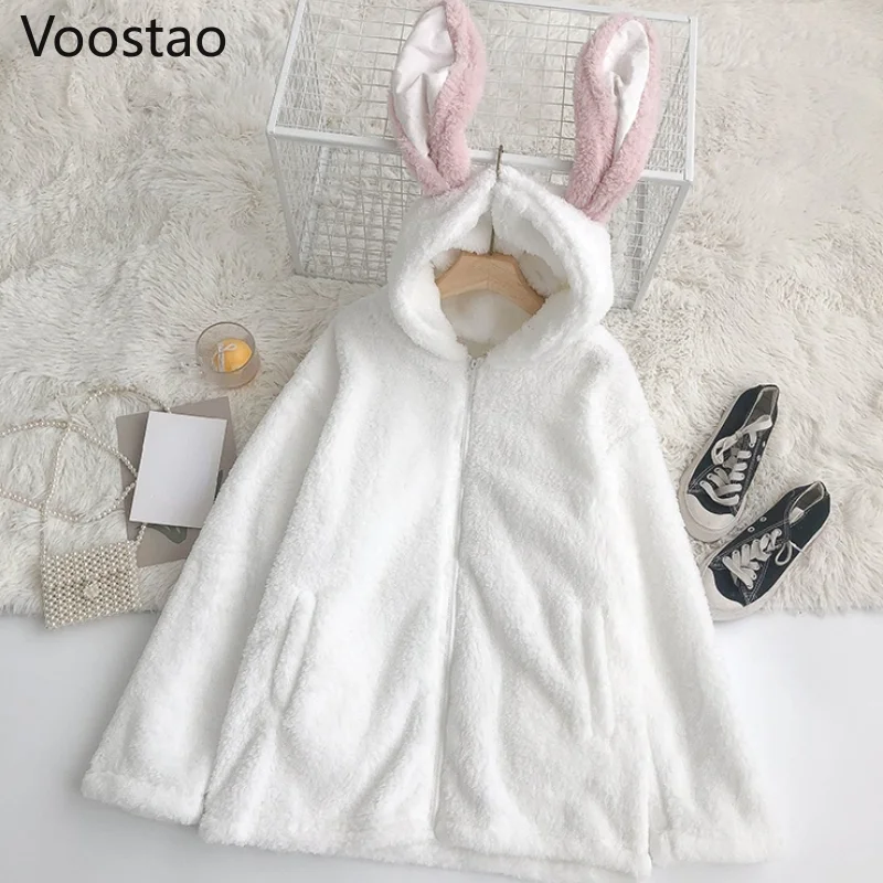 

Autumn Winter Women Rabbit Ears Hooded Jacket Sweet Cute Plush Bunny Thick Warm Sweatshirts Girly Harajuku Loose Hoodies Coats