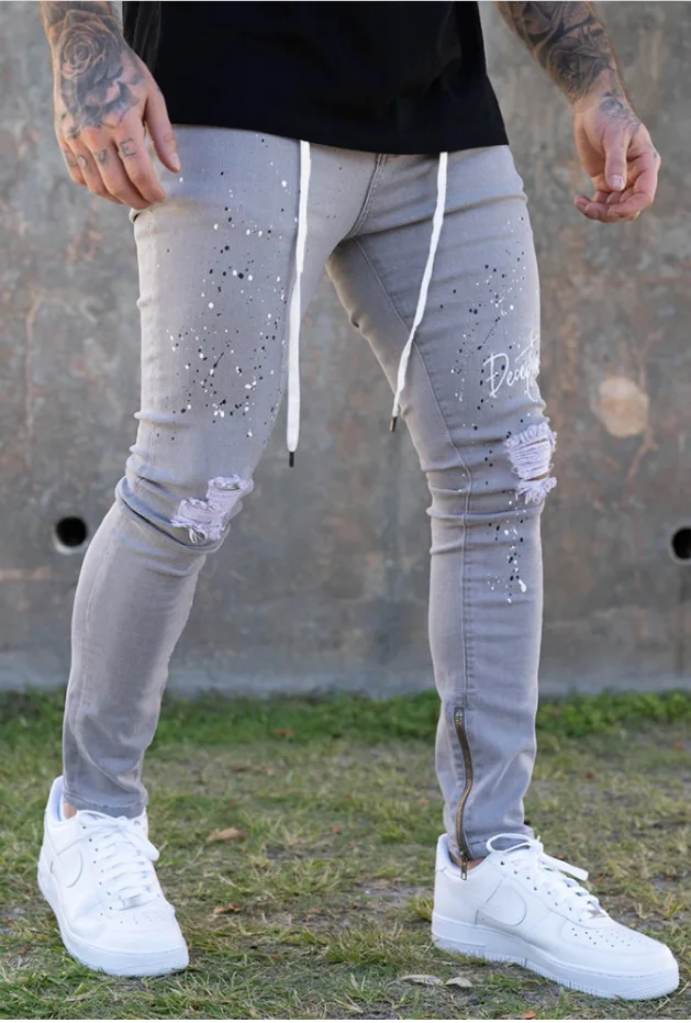 

Jeans Men Skinny 2021 Ripped Distressed Denim Pant Cowboys Classic Full Length Pencil Pant High Street Male Trousers White Jeans