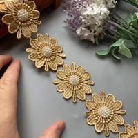 10pcslot pearl gold flower organza embroidery fabric lace patch trim ribbon clothes 3d beading flower wedding dress applique
