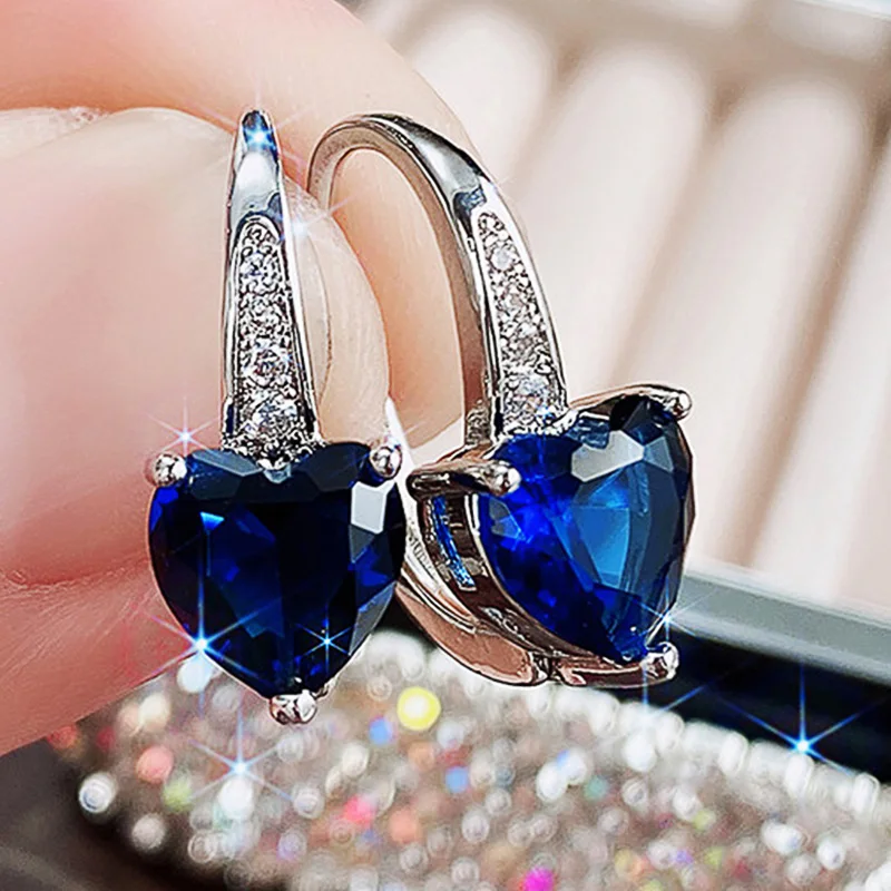 Huitan Blue CZ Heart Earrings for Women Simple and Elegant Wedding Accessories Silver Color Fashion Versatile Ear Jewelry Gift