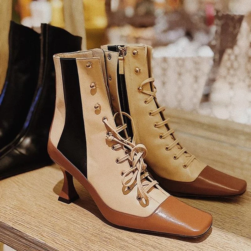 Модные женские ботинки с квадратным носком лоскутные ботильоны на шнуровке и