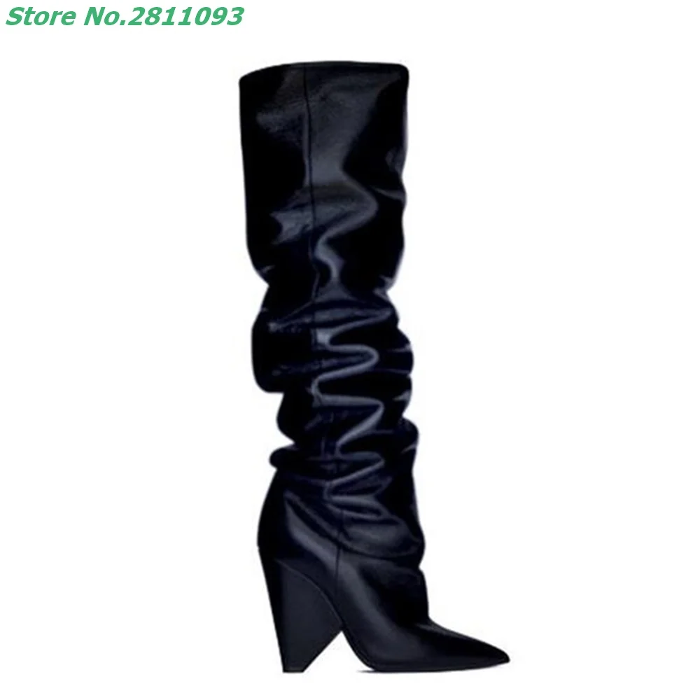 

2021 Autumn Winter Newest Silver Bling Boots Pleated Pointed Toe Knee High Fashion Street Style Slip on Shoes Characteristic