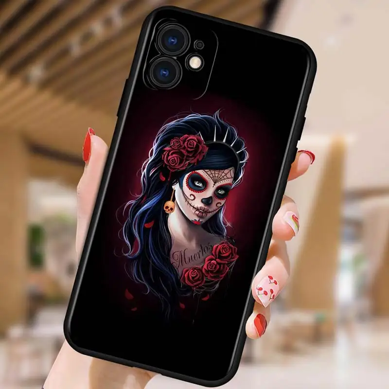 

skull and catrinas for iPhone 5 5S 6 7 8 X XR XS 11 SE 12 2020 mini Plus Pro MAX TPU Black Soft Cover