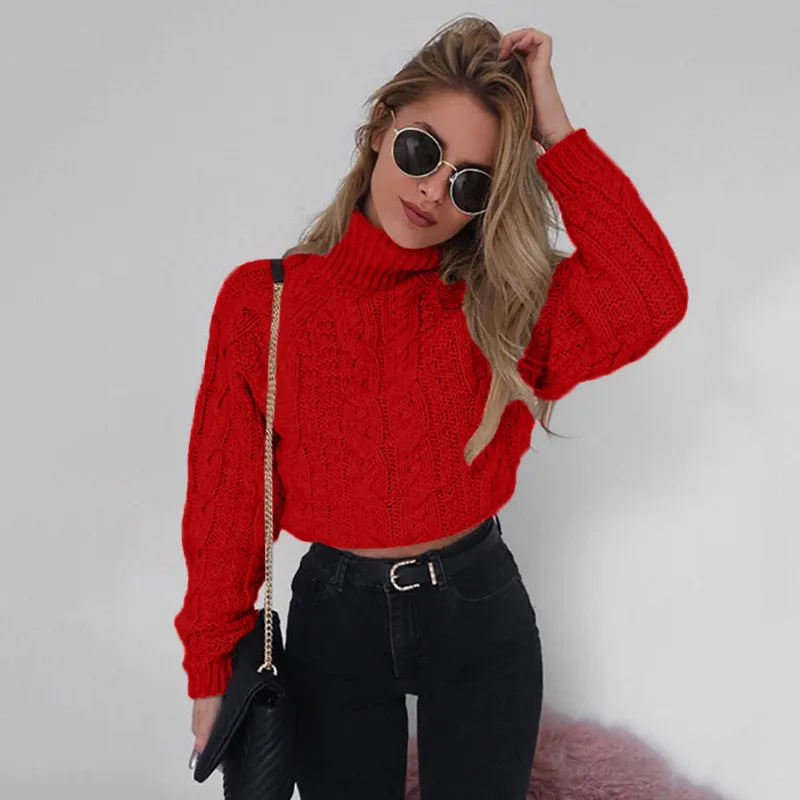 

Autumn Winter Women Twist Open Navel Sweater Solid Color Turtleneck Long Sleeve Sweater Jumper Top Cotton Blended Sweater Mujer