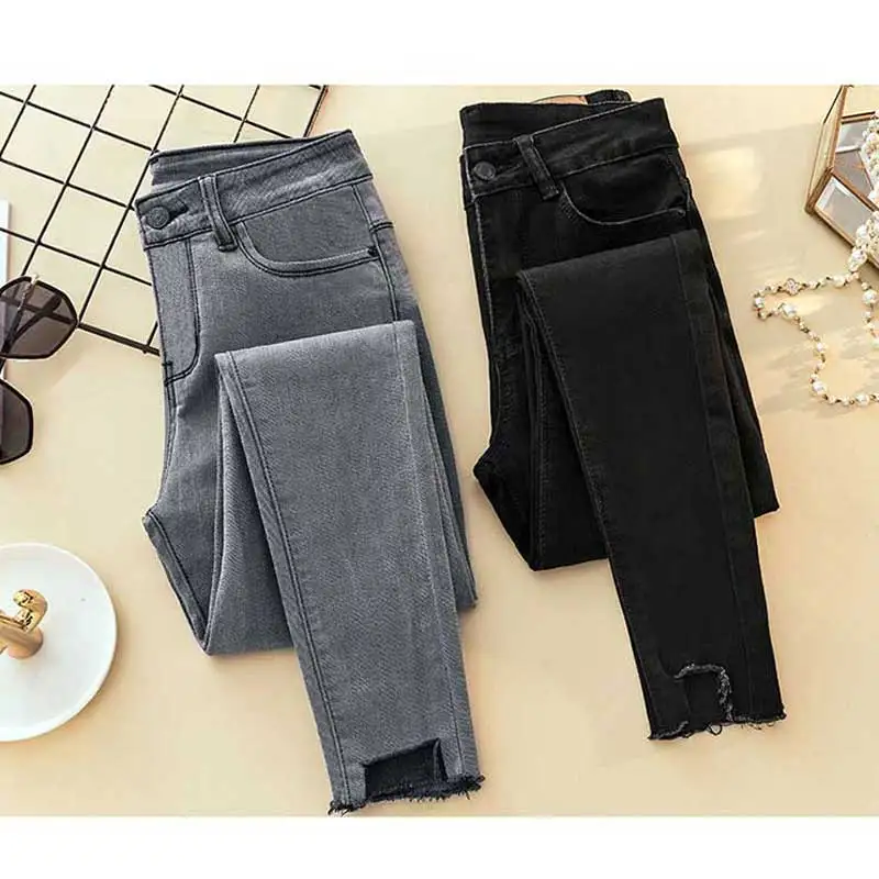 Серые джинсы женские 2019 новые корейские с высокой талией эластичные тонкие и