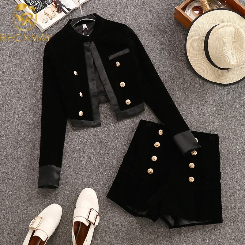 

New Autumn Winter 2021 Short Black Double Breasted Palace Style Coat Women + High Waist Wide Leg Shorts Women's Two Piece set
