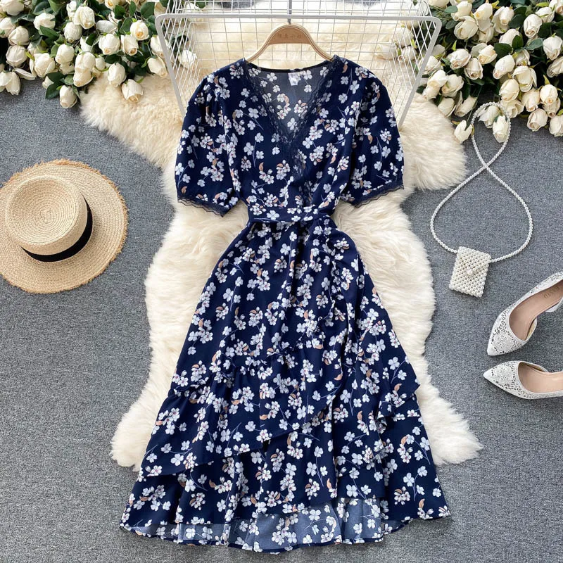

2021 Summer Women Lace Spliced Ruffled Casual Dress V-neck Short Sleeve Floral Print Boho Beach Midi Party Dress Sexy Vestidos