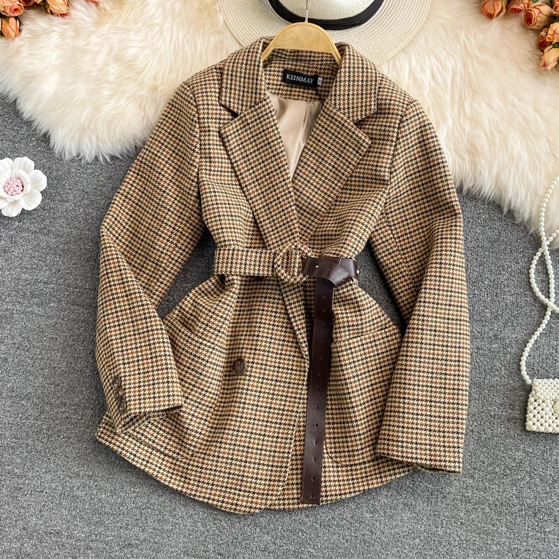 

Women Autumn Winter Belted Waist Suit Blazer Classic Plaid Woolen Jacket Business Casual British Elegant Woolen Blazer