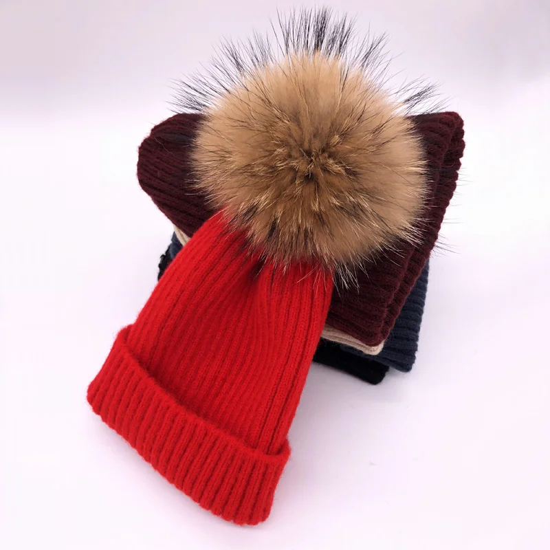 red Raccoon fur Зимняя Весенняя вязаная шерстяная шапка Skullies повседневная женская шапка натуральный помпон из лисьего меха шапки - Цвет: red Raccoon fur