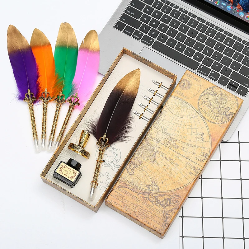 

1Set New Calligraphy Feather Dip With 5 Nib Gift Quill Pen Writing Ink Set Gift Box Wedding Fountain Pen Design