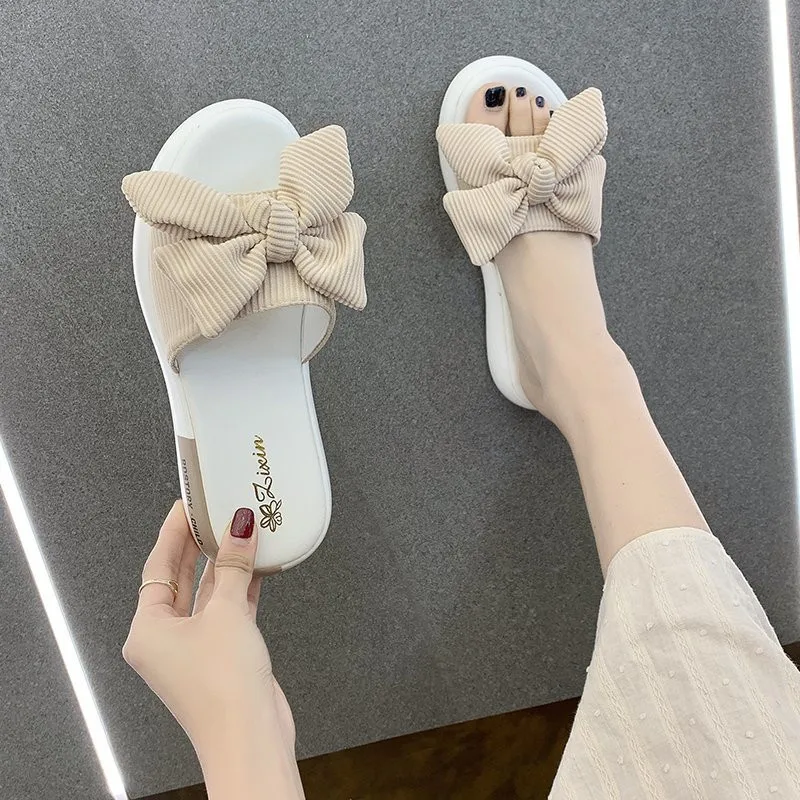 

Slippers Casual Flat Shoes Female Med Platform Slides Slipers Women Butterfly-Knot Luxury Soft 2021 Rubber Fashion PU Basic Leis