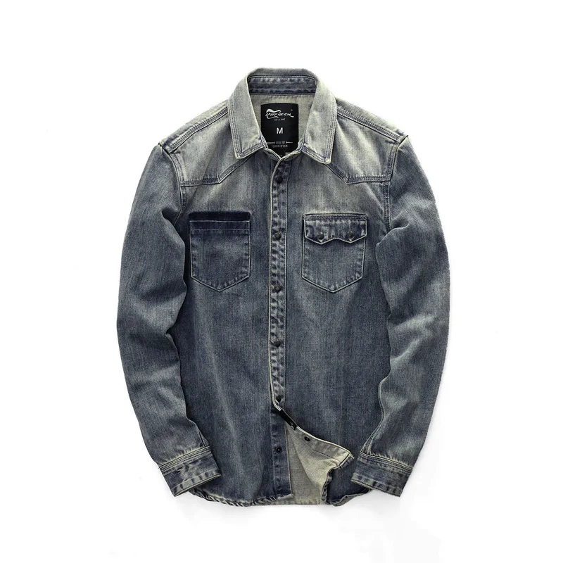 Джинсовая рубашка II50CS мужская с принтом винтажная блузка из денима приталенная