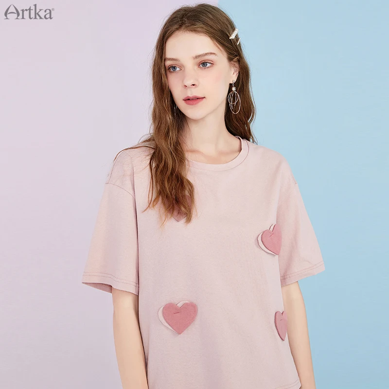 Женская футболка с круглым вырезом ARTKA розовая свободная укороченная коротким