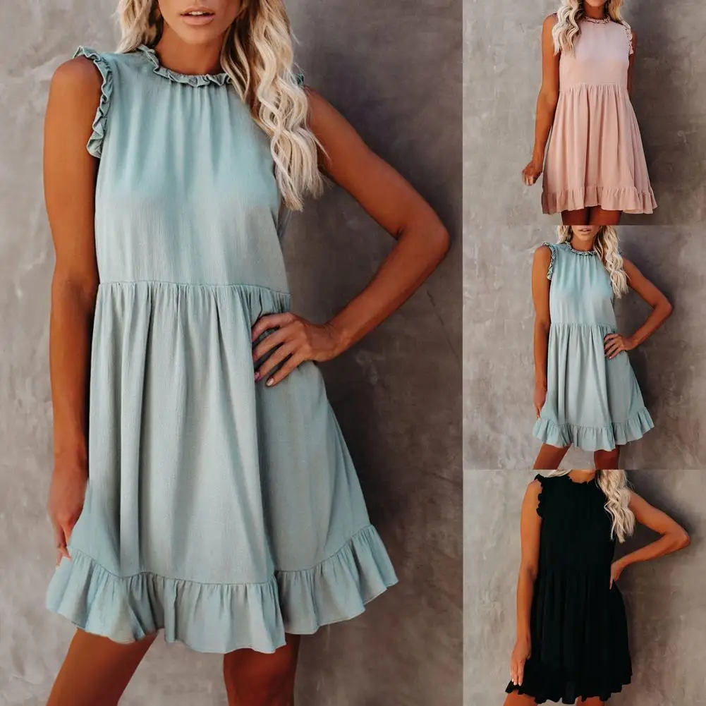 

Women Summer Sexy Dress Ruffle Solid Color Casual Round Neck Sleeveless Skirt Elegant Women Clothes Vestidos for Office 2021
