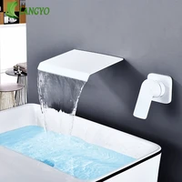 langyo matte blackchrome bathroom faucet wall mounted waterfall sink faucets washing basin taps hot cold out water mixer tap