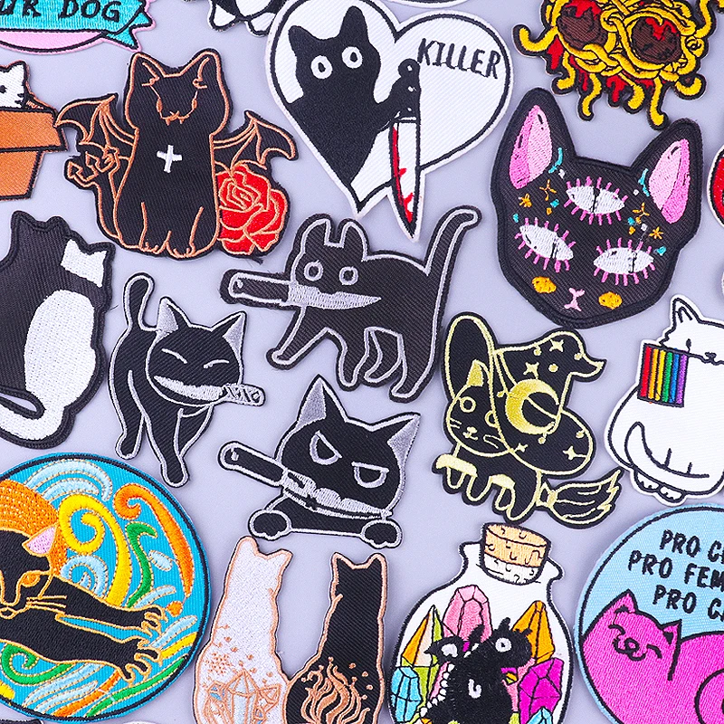 

Cat with Knife Patches On Clothes DIY Cartoon Applique Hippie Cat Patches Letter Animal Embroidered Patches For Clothing Sticker