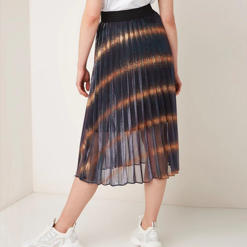 Flectit Pleated Iridescent Long Skirt Metallic Striped Elasticated Waist Flowy Sheer Women 2019 New Fashion Outfits * | Женская одежда
