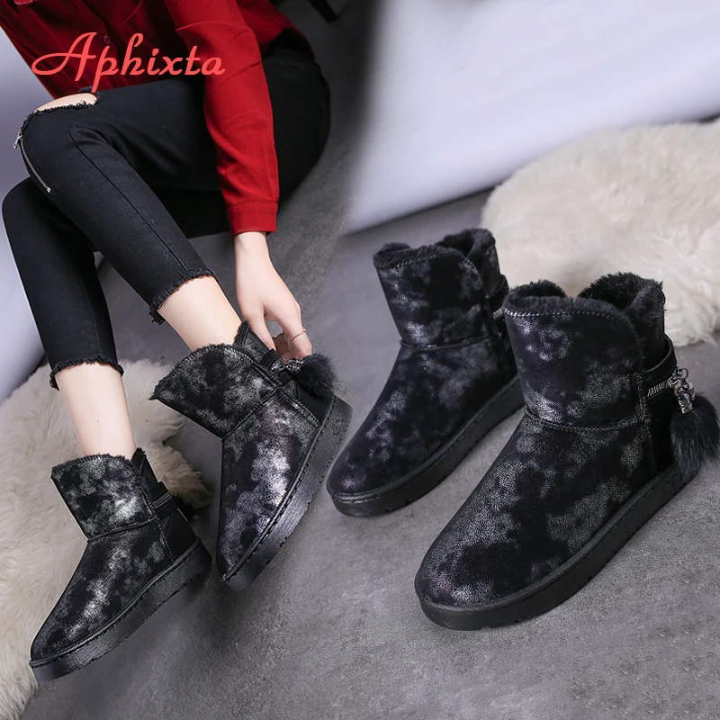 Aphixta/зимние сапоги на меху с бахромой и металлической молнией женская плюшевая