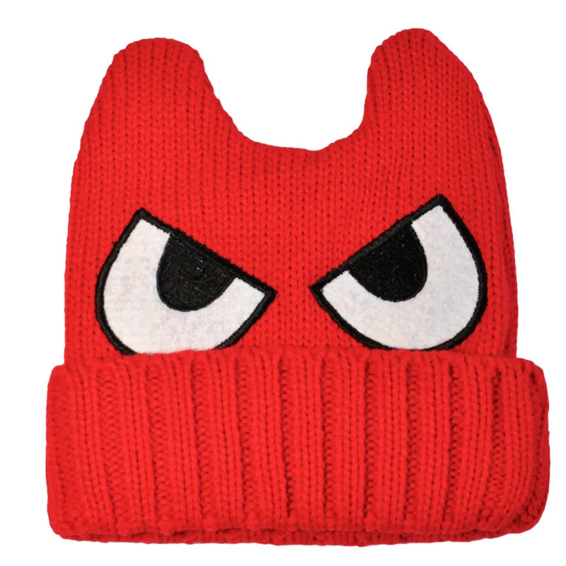 

Autumn Winter Warm Ladies Hat College Style Big Eyes Embroidery Devil Horn Cat Ear knitted Faux Wool Beanie Hat Cute Women TY66