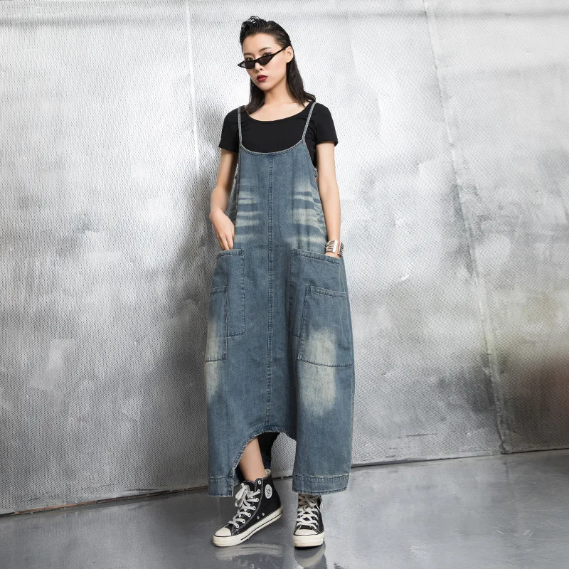 

Bandage Dress For Lady Irregular Vestidos Midi Gothic Hedging Denim Dress Womens Personality Two Wear Large Size Irregular Skirt