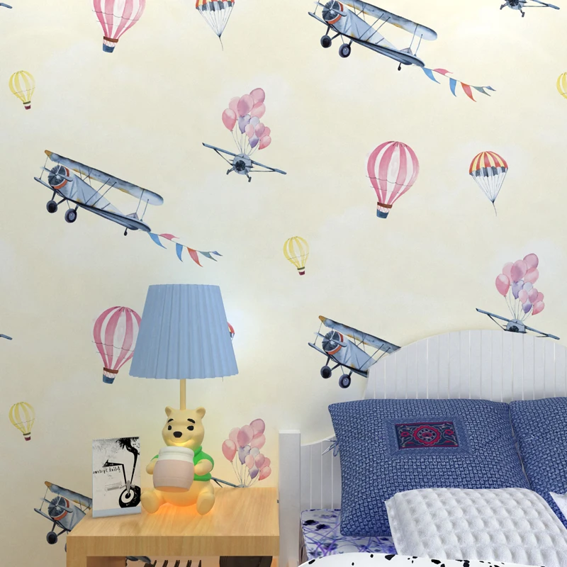 

airplane hot air balloon blue sky white clouds pattern wallpaper kids room boy girl bedroom living room TV background wallpaper