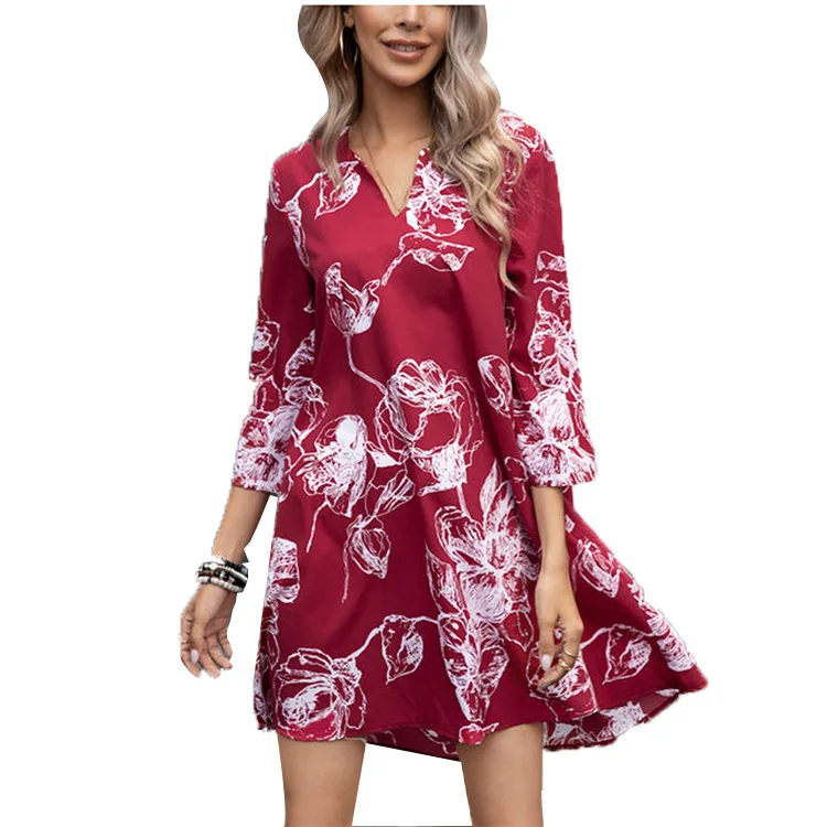 

Houthion Women's Dresses Loose Fashion High Waist A-Line Knee-Length Beach Style New Three Quarter Print Midi Dress