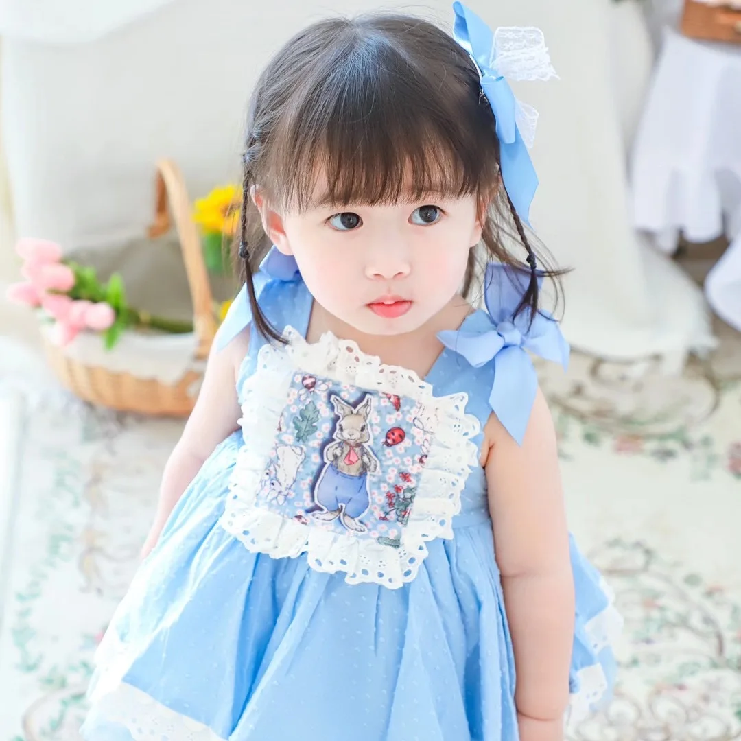 

Baby Girl Summer Short Sleeve Blue Rabbit Vintage Turkish Spanish Lolita Ball Gown Princess Dress for Eid Easter Birthday Party