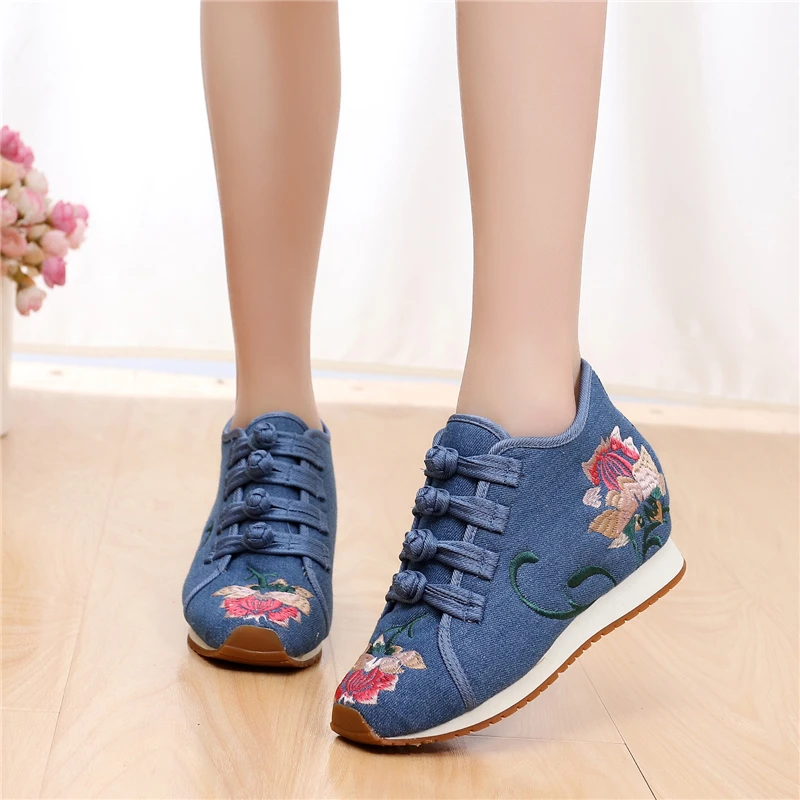 

New Embroider Womens Wedge Heel Canvas Shoes Sport Women Lace Up Pump Shoes Casual Women Sneakers Wedge Heels Zapatos Femenino