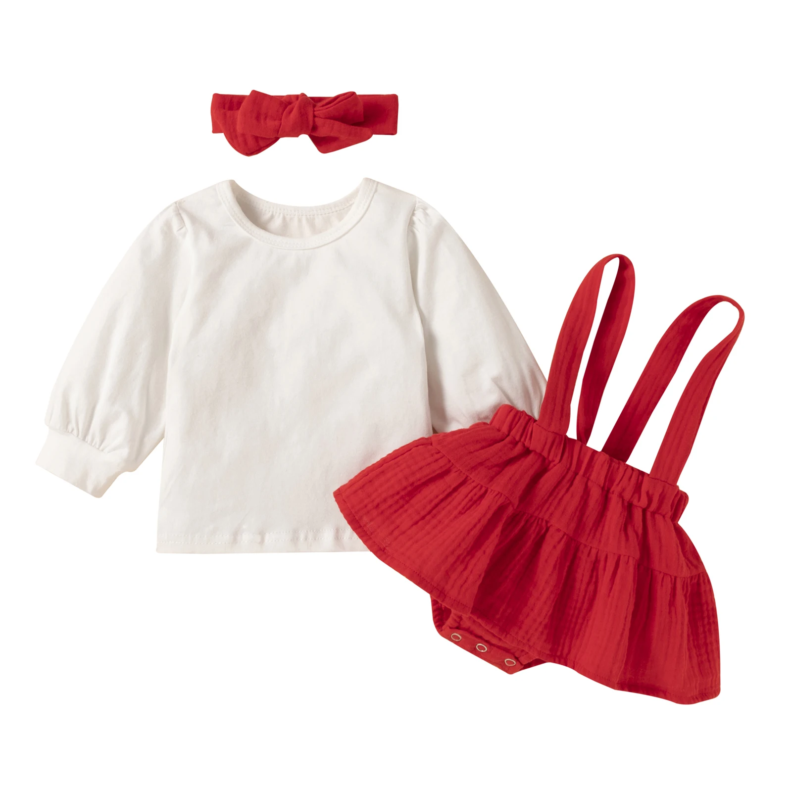 

Baby Girls Three-piece Clothes Set, Solid Color Pullover, Suspender Dress and Bow Knot Headdress