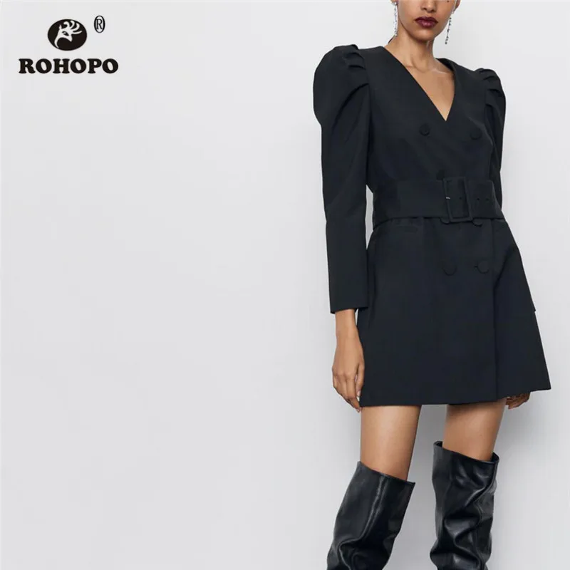 ROHOPO сплошной черный пояс с длинным рукавом осень ветровка платье Кнопки летают V